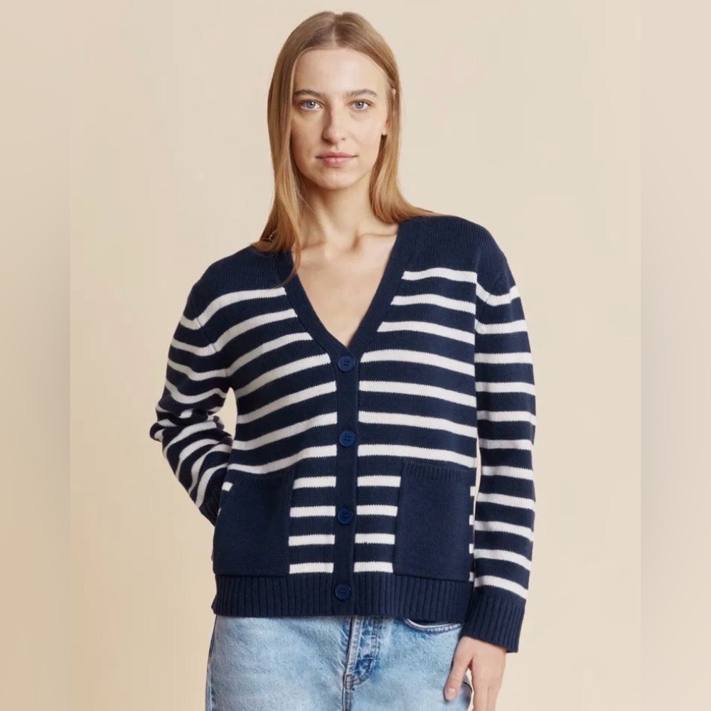 Albaray Navy and White Striped Women's Wool‎ Blend Sweater - Size 14 UK 10 US